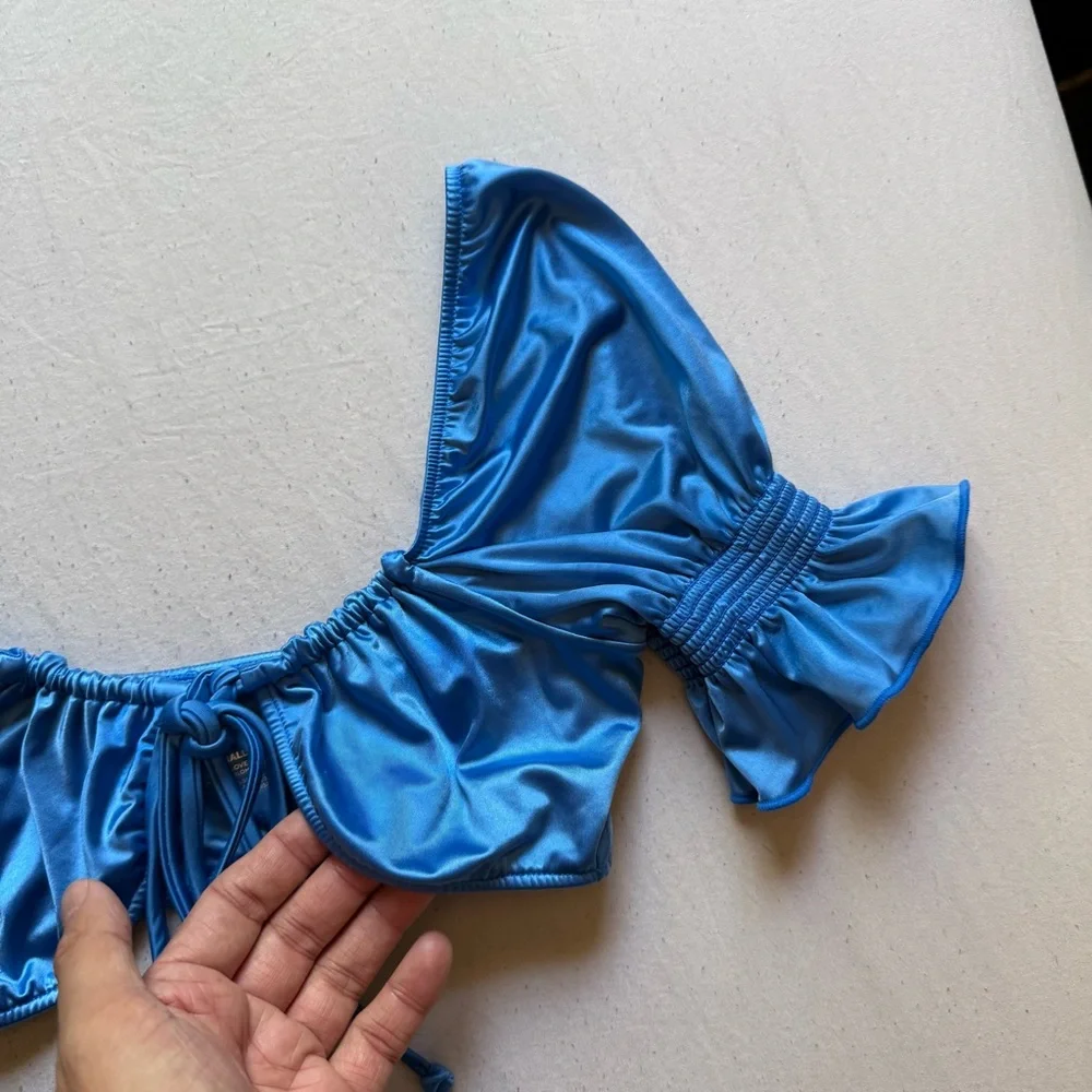 FRANKIE’S BIKINIS x NAOMI OSAKA blue short puff sleeve tie front swim bikini top